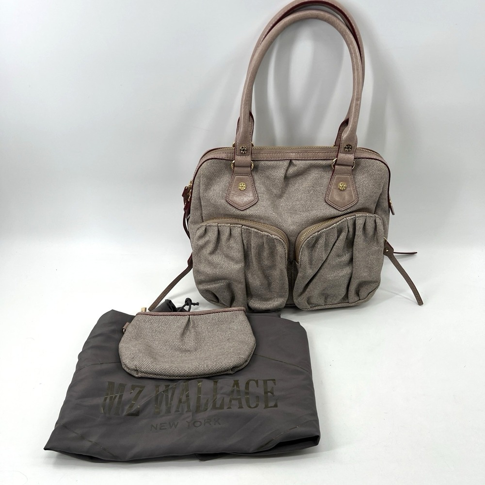 MZ Wallace Satchel Bag Paige Metallic Taupe Handle Dustbag Pouch Leather Trim